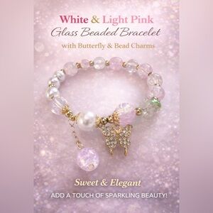 White and Light Pink Glass Bead Bracelet w/Butterfly and Bead Charms